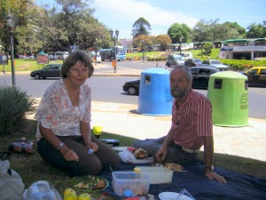 Carly and Pete picnicking on a traffic island - Bs As, 2009